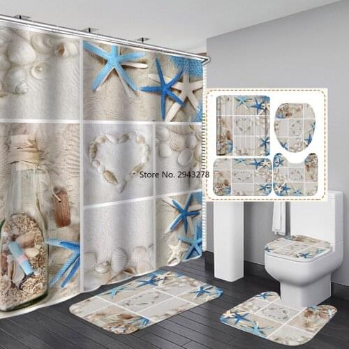 3D Starfish Shell Style Printed Curtain Waterproof Shower Curtains Polyester Washable Home Decoration Curtain with Hook