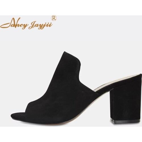 Woman Shoes Adult Slippers Black Solid High Square heels Indoor&Outside Spring/Autumn Basic Casual Fashion Leisure Classic