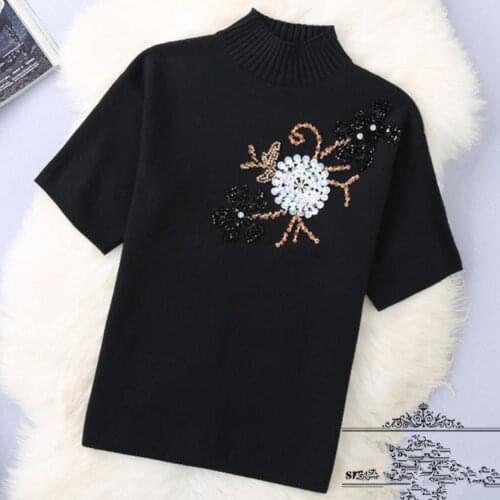 2021 spring autumn fashion beaded diamonds sequins women short-sleeved wool knitted shirt