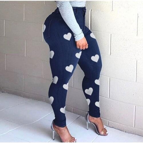 New Y2K Plus Size Printed Heart Shaped Jeans Mommy 2XL Retro Street Women Womens Blue High Stretch Sexy Skinny Pencil Jeans