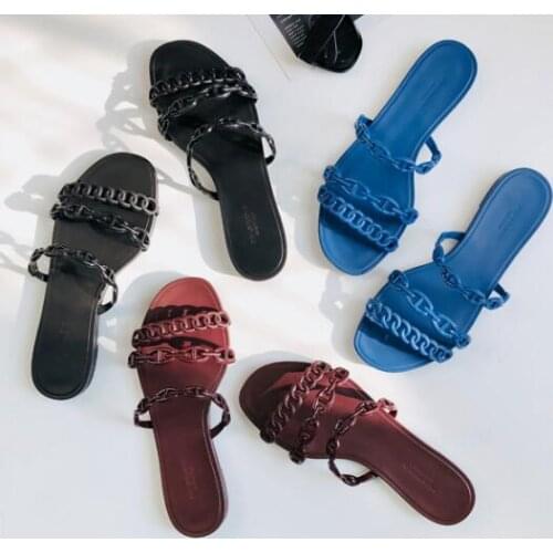 Ins hot Summer new flat hollow chains net beach slippers woman fashion chains slippers blue black brown color real photo size 40