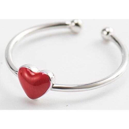 Fashion Romantic Adjustable Size Enamel Red Heart Ring For Women Engagement Real 925 Silver Rings Fine Jewelry