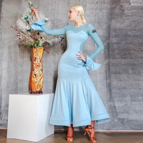 Women Ballroom Dance Dress Long Sleeve Blue Modern Dance Dress Waltz National Standard Dance Clothes Competition Dress