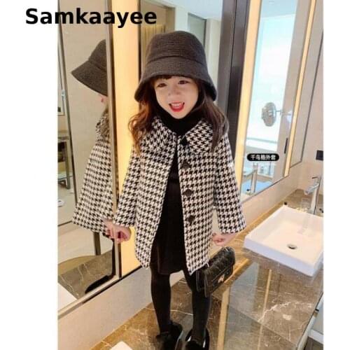 4-11y Girls Woolen Jackets Winter Kids Coat Houndstooth Thicken Outerwear Single-Breasted Blends Children Long Clothes Overcoat