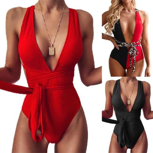 2021 Sexy Plunging Swimsuit One Piece High Cut Swimwear Women Cross Bandage Beachwear Summer Backless Bathing Suit Women Biquini