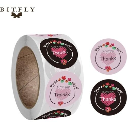 500Pcs I Love You Thank You Stickers for Gift Package Sealing Pink And Black Labels Sticker Round Adhesive Wedding Sticker