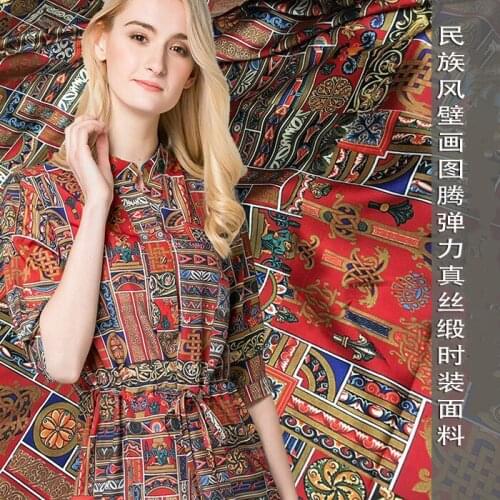 19mm 95% natural silk 5% spandex fresco totem print silk elastic stain fabric for summer skirt shirt dress DIY fashion cloth