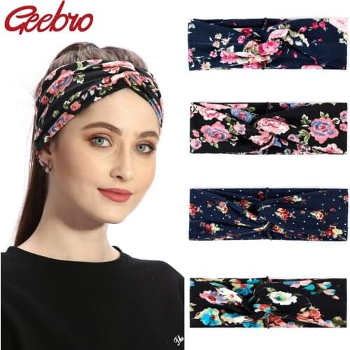 Geebro Women Print Twist Cross Knot Bohemian Headband Elastic Head Wrap Bandana HairBand Flower Female Turban Hair Accessories