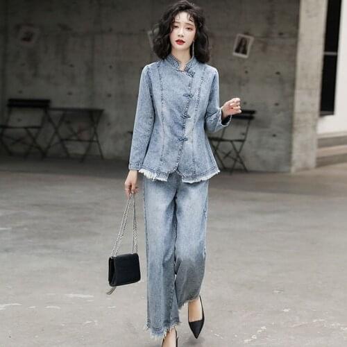 Streetwear Women Vintage Denim Matching Sets For Women Jeans And Boyfriend Loose Denim Jacket 2 Piece Sets Womens Outfits AA5755