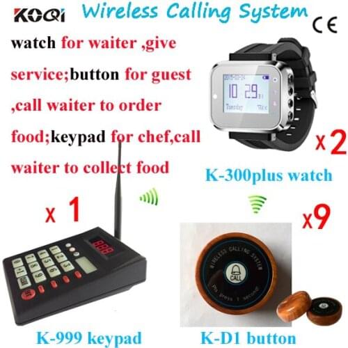 Kitchen Calling System including 1 pcs Transmitter Keypad and 2 pcs Watch Wrist Pager and 9pcsTable Buttons Free Shipping