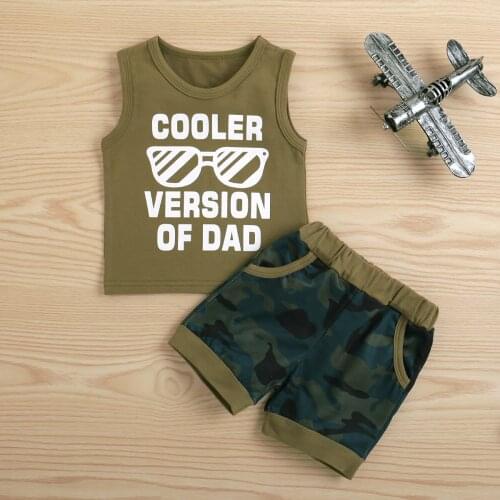 2Pcs Baby Boy Summer Outfits Funny Letter Print Sleeveless Tops + Camouflage Shorts Set