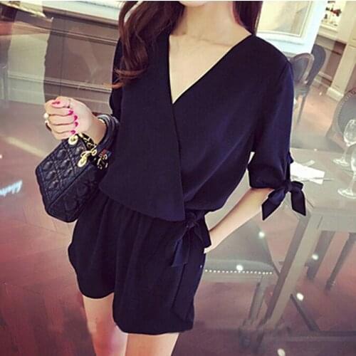 Fashion Elegant Women Summer Loose Jumpsuit Sexy V Neck Short Sleeve Shirt Rompers Overalls Romper Casual Solid Playsuit
