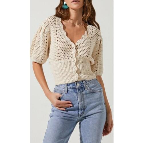 Autumn Casual Knitwear Sweater Puff Sleeve 2021 New Hollow Out Crochet Flower Cardigan Women Elegant V Neck Slim Knit Crop Tops