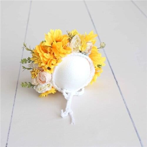 Sunflower Vintage Newborn Floral Bonnet For Photography Shoot Hand Knit Newborn Girl Flower Hat Photo Props Baby Infant Bonnet