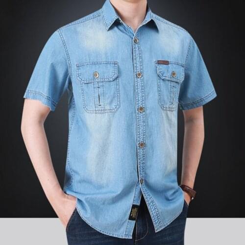 Casual Pockets Shirt Men Slim Jeans Tee Shirts Men Summer Tops High Quality Mens Denim Shirts Short Sleeve Thin Cotton MY422
