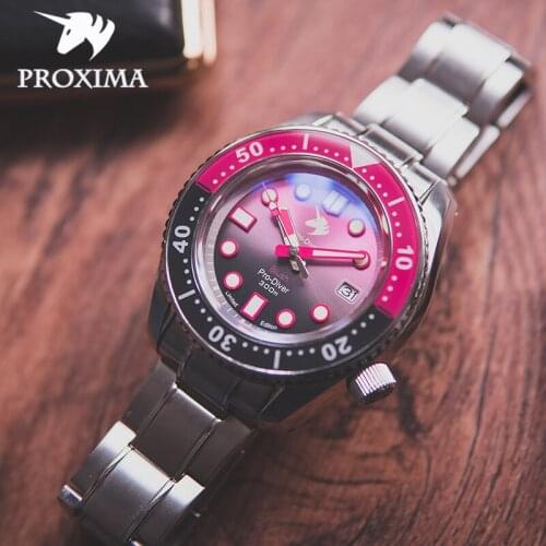 Proxima 300m Diver Watch Men Pink Dial Automatic Mechanical Watch Sapphire 316L Steel Ceramic Bezel Watches Men 30Bar Diving
