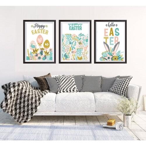 Happy Easter Cartoon Animal Rabbits Birds And Plants Colorful Letters Canvas Painting Wall Picture Poster Living Room Decoration