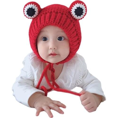 Lovely Knitted Cartoon Frog Eyes Newborn Baby Boy Girls Caps 6-36 Months Children Bonnet Kids 2 Ropes Beanies Baby Winter Hats