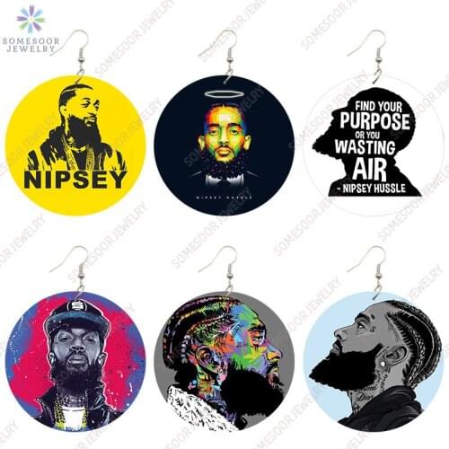 SOMESOOR Famous Rapper Nipsey Hussle Wooden Drop Earrings American Music Hero Printed Wood Loops Dangle Jewelry For Women Gifts