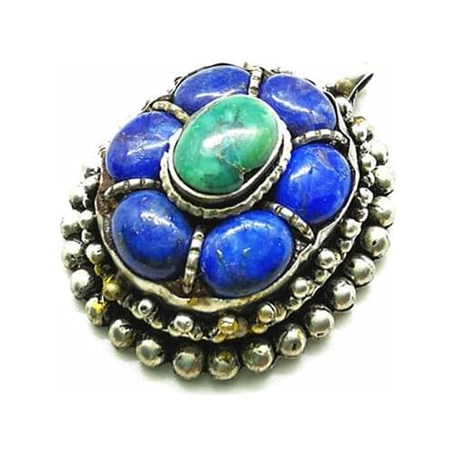 Tibetan Pendants Copper Inlay Blue Lapis Lazuli Flower Pendant Vintage Jewelry Multi Stone Beads TBP262