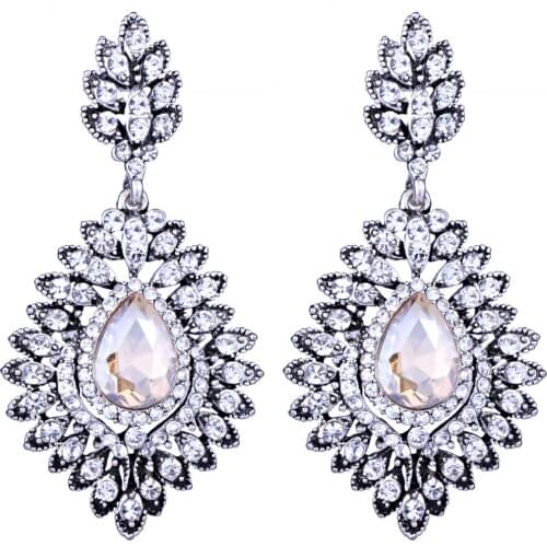 Vintage Silver Plated Water Drop Crystal Earrings Classic Women Wedding Party Dangle Earrings