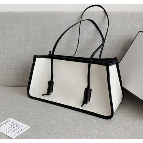 Hit Color Women Handbag Totes PU Leather Canvas Large Capacity Shoulder Bags Female Travel Vintage Shopping Top-Handle Bag