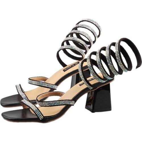 Girl Sandals Female 2019 New Summer Net Red Wild Rhinestone Thick With Ankle Straps Vacation Rome High Heels