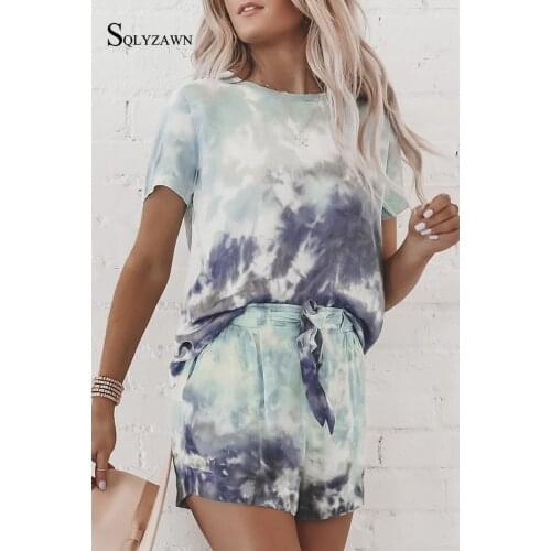 Women Two Piece Outfits Tie Dye Gradient Colorful Clothing Sets Lady Short Sleeve Pullover Top and Drawstring Shorts Homewear