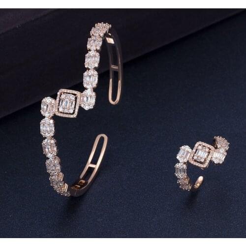 BrideTalk New Design Women Adjustable Bangle Ring Sets Baguette Square Zircon For Women Wedding Engagement 2PCS Jewelry set