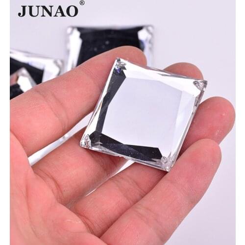 JUNAO 35mm Big Clear Mirror Rhinestones Applique Sew On Square Crystal Stones Flat Back Gems Acrylic Strass for Jewelry Crafts