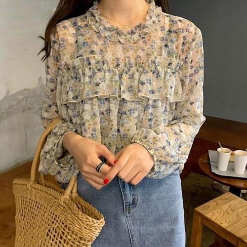 Blouses Women Long Sleeve Baggy Spring Trendy Top Female Ruffles Casual Vintage All-match Simple Chiffon Lightweight Plus Size