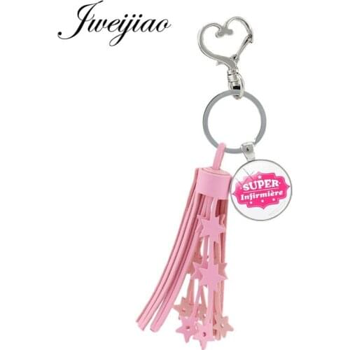 JWEIJIAO Pink Tassel Pendant Super Infirmiere Keychain French Letter Glass Gems Heart Clasps Keyring Charms For Nurse GIft SI03