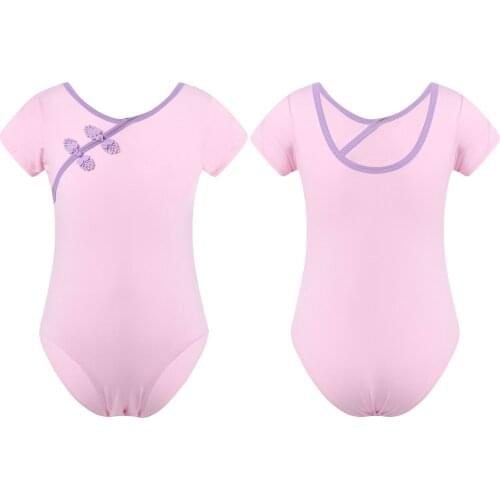 2021 Kids Girls One-piece Short Sleeve Ballet Leotard Open Back Chinese Traditionaln Knot Gymnastics Leotard Children Dancewear
