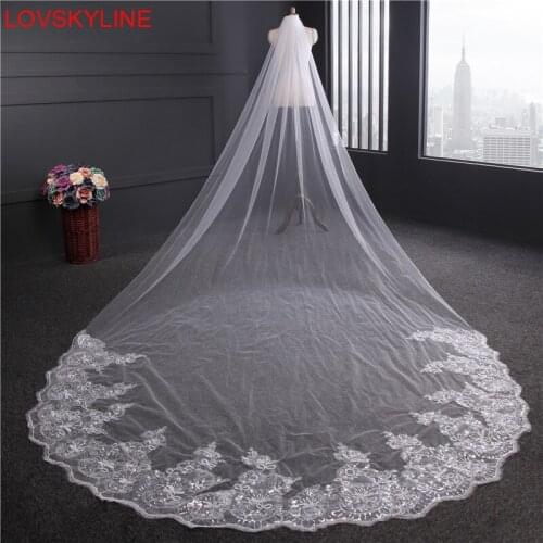 Hot Real Photo 4 Meter White Ivory Lace Sequins Cathedral Wedding Veils Long One-Layer Bridal Veil with Comb Wedding Accessories