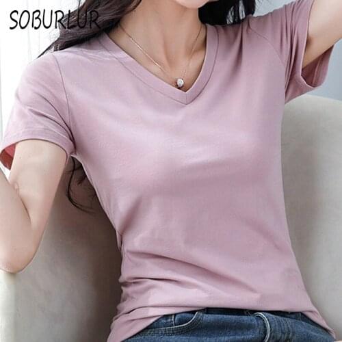 Cotton T-shirts Women Korean Short Sleeve Solid T Shirts Summer Casual V-neck Slim Tees Female Tops Oversized T-shirt White
