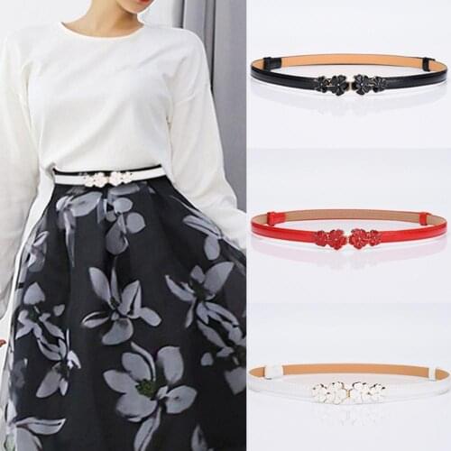 Faux Leather Skinny Belt Adjustable Insert Buckle Flower Decor Fine Waist Belt for Dress