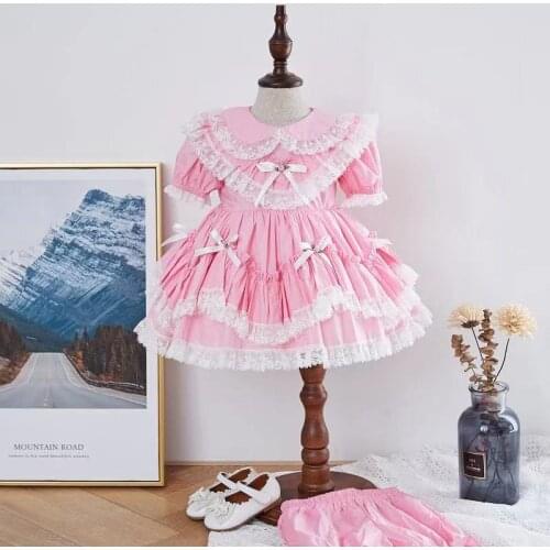 2PCS Summer Spanish Lolita Princess Birthday Party Lace Pink Short Sleeves Ball Gown Bow Dress For Bady Girls Vintage Cute Girl