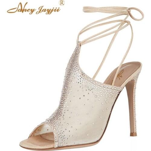 Nancyjayjii Lady Beige Mesh Rinestone Decorated Sexy Peep Toe Thin Ankle Strap High Heels Pumps Shoes Women Big Size 5-14,Party