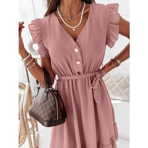 Casual Ladies Party Dress Summer New Style Ladies Solid Color V-Neck Dress Lotus Leaf Sleeve Button-Shaped Bowknot Belt Dress