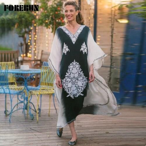 FORERUN Print Beach Dress Summer Bikini Cover Up Plus Size Saida De Praia Longa Maxi Side Split Casual Beachwear Vestido Longo