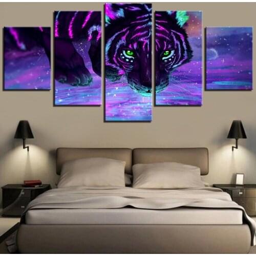 Sala de estar impresión HD carteles pared arte pintura 5 paneles ojos verdes Tigre y estrellas decoración del hogar lienzo cuadr