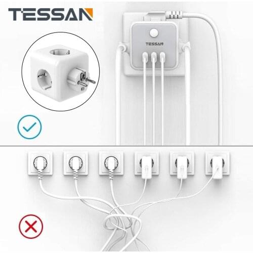 TESSAN EU Wall Socket Power Strip with 3 USB Ports + 3 Sockets Overload Protection 6-in-1 Socket On/Off Switch EU Plug for Home