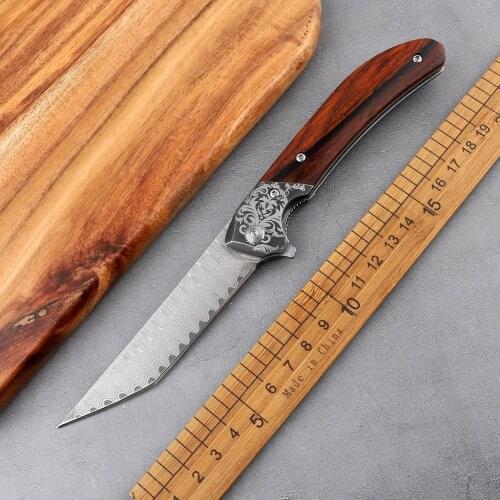 New Damascus steel blade wooden handle pocket camping survival hunting anti-body multifunctional EDC tool fruit folding knife