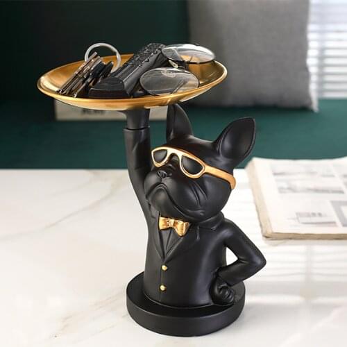French Bulldog Figurine with Tray Sculpture Storage Decoration Creative Storage Statue Snacks Fruit Plate Entrance Key Tray