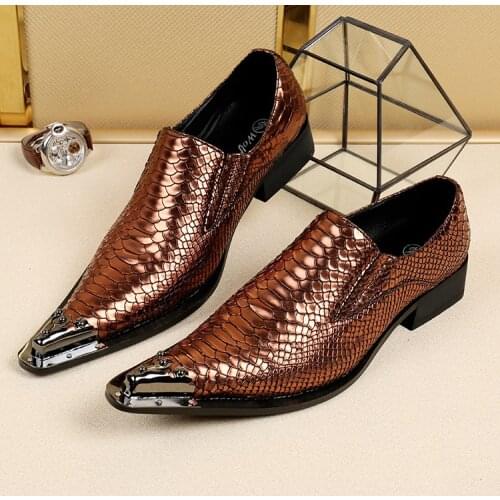 Snakeskin Genuine Leather Handmade Fashion British Business Suits Mens Shoes Gold Steel Tip Toe Mens Party Dress Wedding Shoes