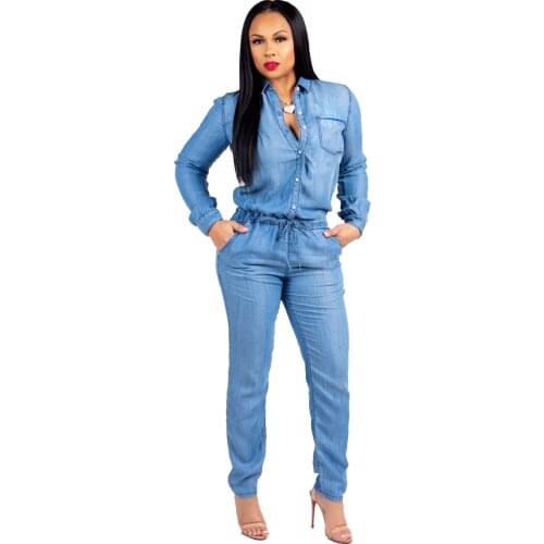 Streetwear Overall Bodycon Bandage Jumpsuit European Style Denim Jumpsuit Woman