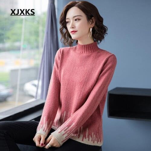 XJXKS High quality cashmere knitted sweater women pullover 2021 winter new thick warm women turtleneck sweater
