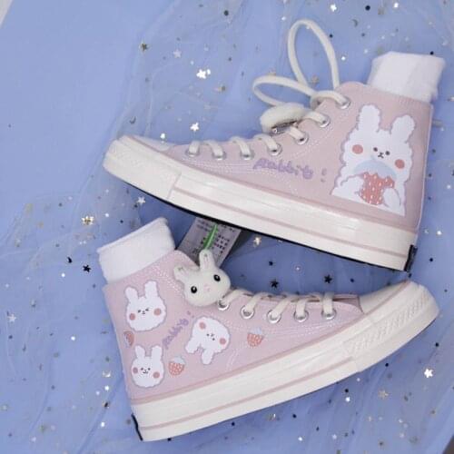 Japanese Style Women Casual Sweet Lolita Flat Shoes Cartoon Rabbit Print Canvas Shoe Girly Kawaii Student High Top Shoes Cos