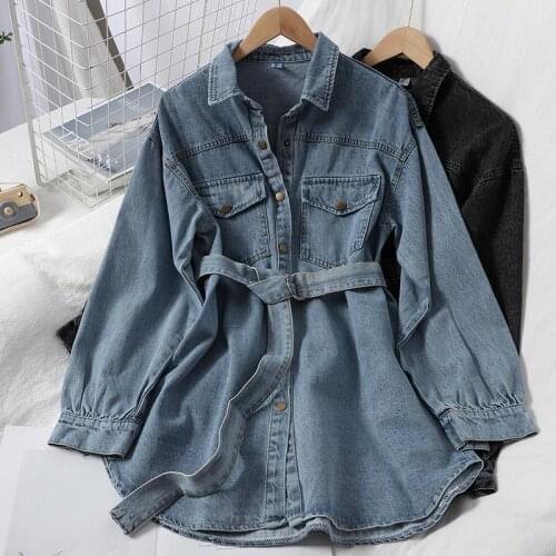Womens Spring Jean jacket Female Mid-length Belt denim Shirt Coat Korean Style Pocket Blouse Ladies Outerwear Casual Tops