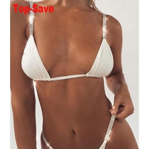 Vacation Casual Beach Sexy Women Bikini 2021 Summer Solid Push Up Micro High Waist 2 Piece Set Swimwear Rhinestone Bathing Suit